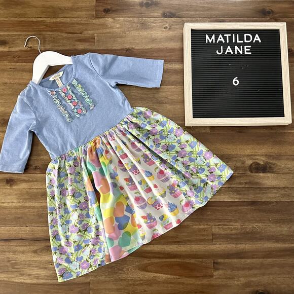 Matilda Jane Let's Go Together Mixed Print Let's Talk Blue Floral Hearts Dress 6 - Picture 1 of 7